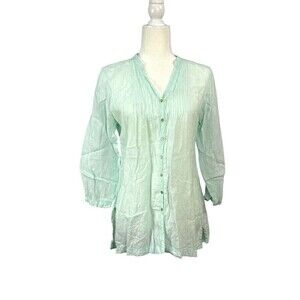 Eileen Fisher Petite Turquoise PM Linen Gauze Pintuck Button Front Long Sleeve